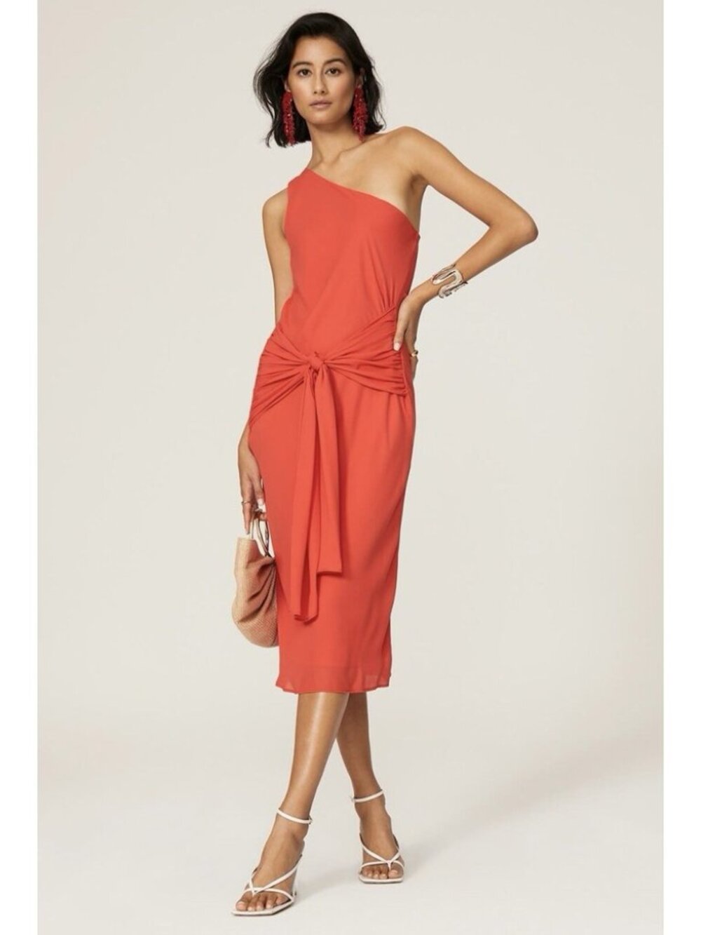 KRISA Bias Cut Midi Dress Red Chiffon One Shoulder Tie Front Party Summer sheath